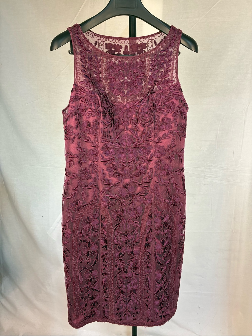 Sue Wong Nocturne Plum Applique Lace Illusion Sheath Dress 10?